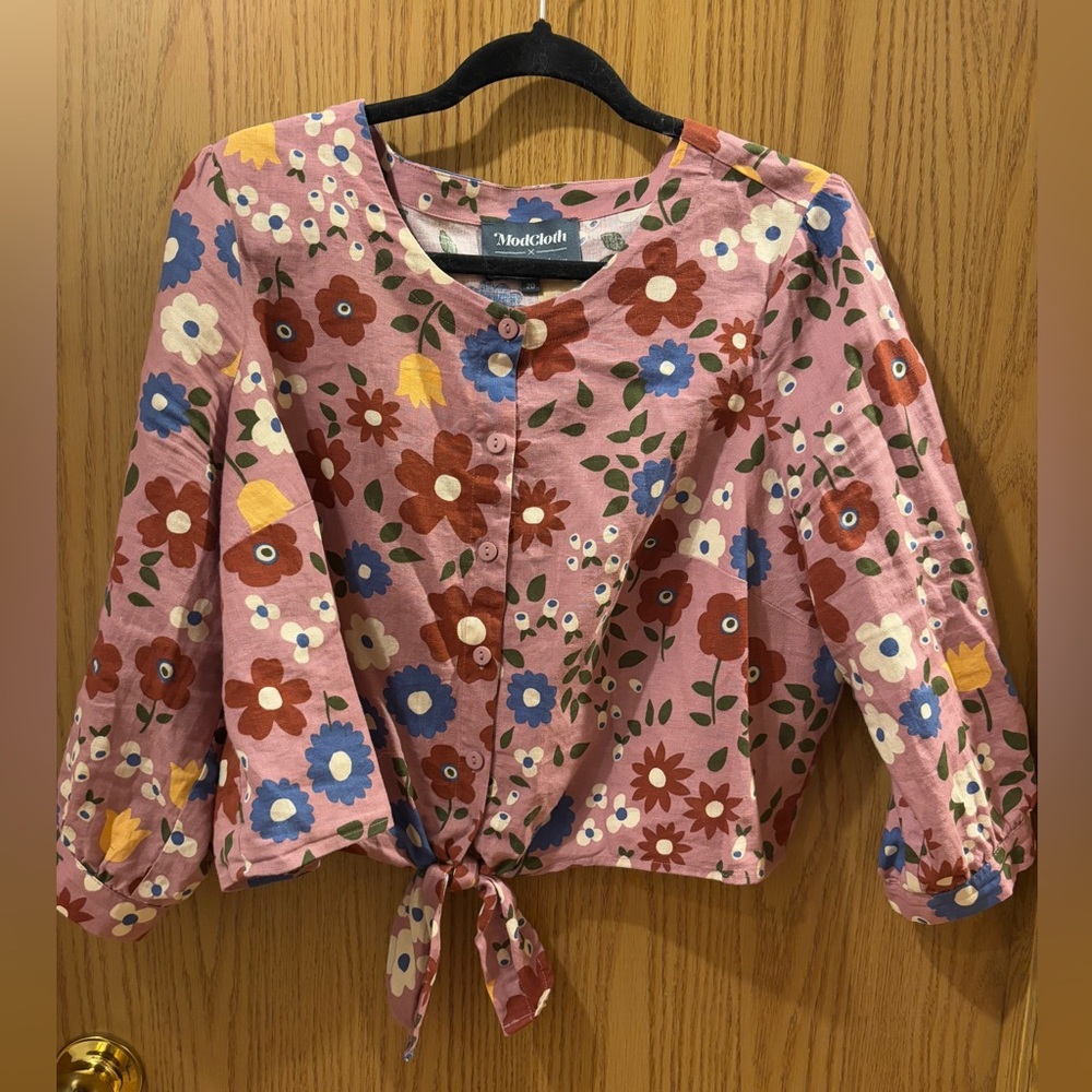 Modcloth x Princess Highway floral cropped linen tie front blouse, size 20 (aus)
